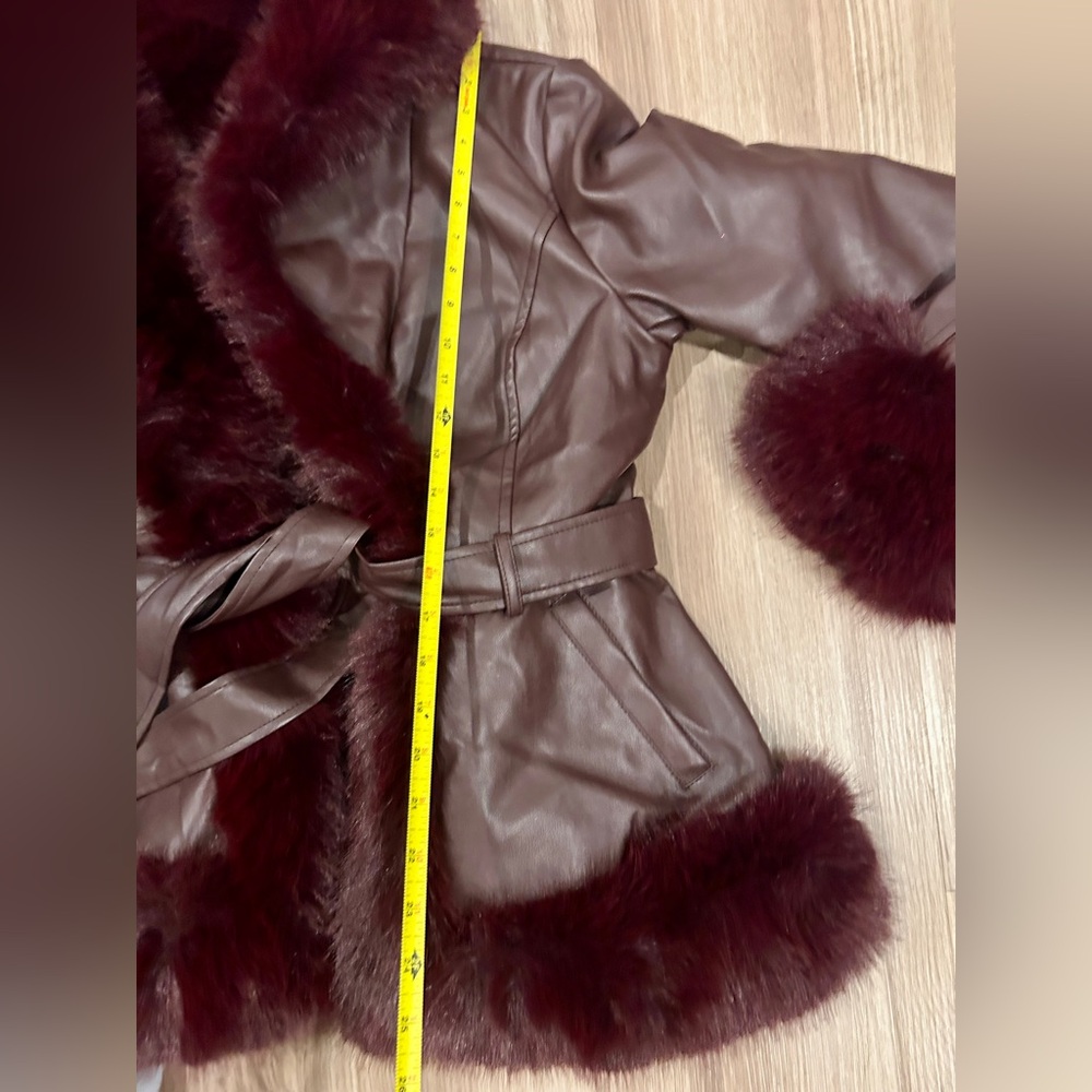 AZALEA WANG Kenzy Faux Leather And Faux Fur Coat Burgundy Size Medium - Picture 10 of 12